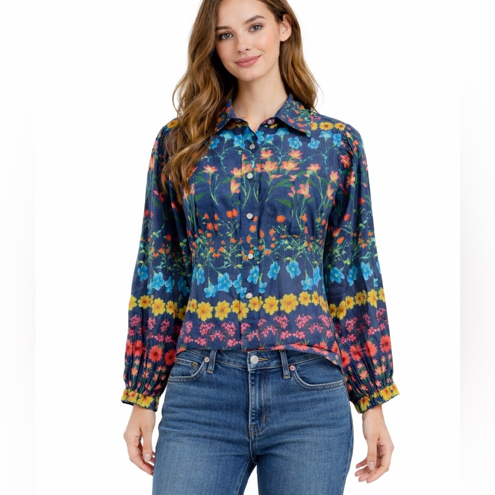Cara Cara Bella blouse flowertop navy Snap Button blue multi floral print